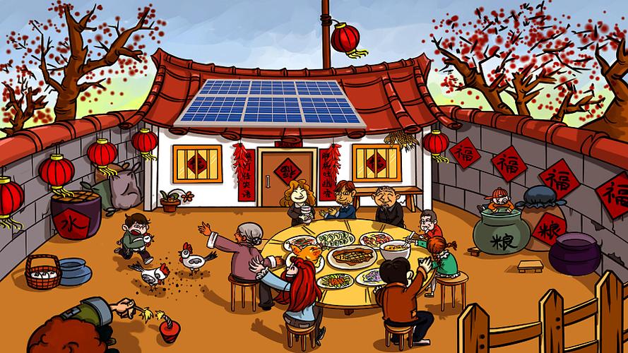 给天合光能公司做得产品宣传插画,呈显热闹的过年气氛,展示屋顶产品