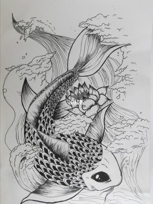黑白装饰画 锦鲤 用最基础的点线面构成 粗线条突出主体_装饰画_黑白