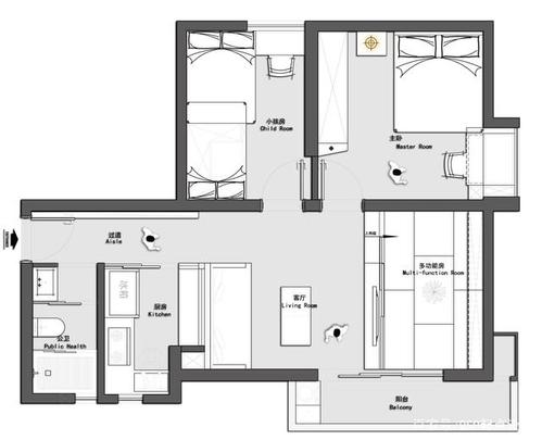 把原本的大客厅一分为二,部分给了多功能房. 厨房太小,挪用