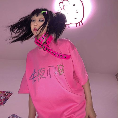 欧美风千禧辣妹非主流宽松字母印花圆领上衣夏季原宿