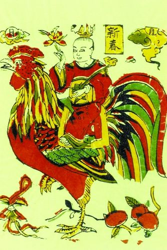 清代山西年画《骑鸡娃娃》,图中人物手持如意,寓意"吉祥如意".