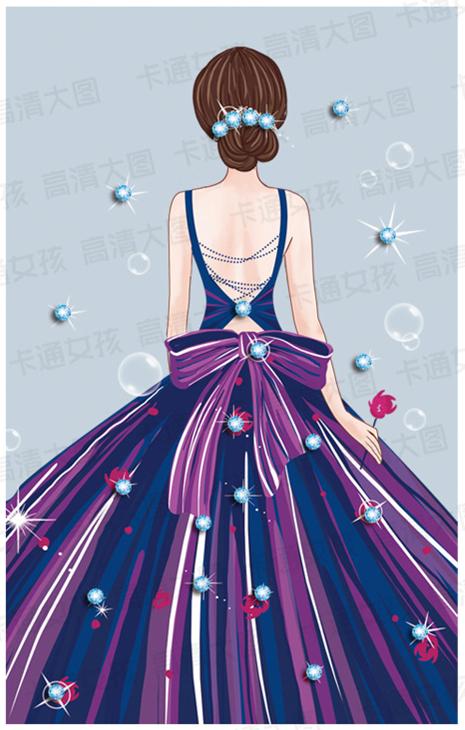 卡通 插画 美女 连衣裙 蕾丝礼服 蕾丝裙 板绘 鼠绘 背影女孩 丸子头