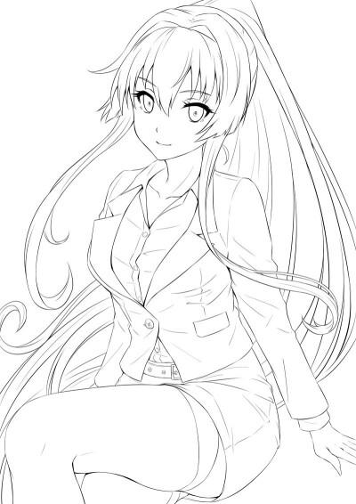 人物线稿黑白动漫素材手绘插画绘画