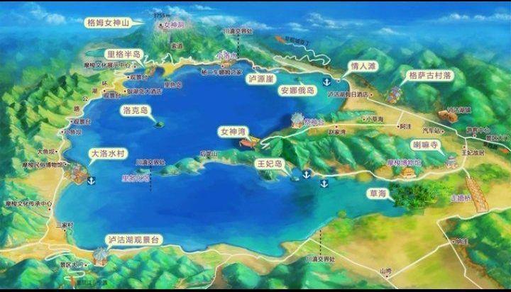 在网上找到了几张泸沽湖的地图,大同小异,有助于了解泸沽湖
