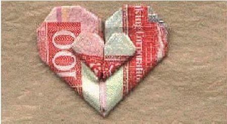 网上不少相关视频,图片资料可以学习 百度关键词:100元叠双心图解