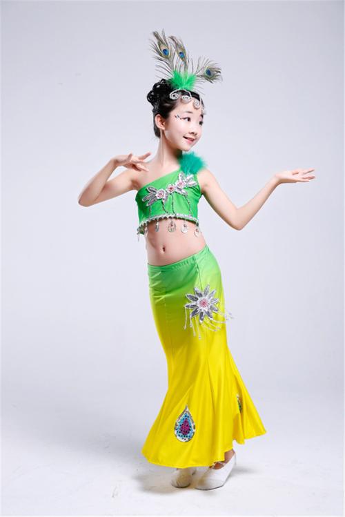 新款儿童傣族舞蹈服弹力孔雀舞演出服装女童少儿傣族鱼尾裙演出服