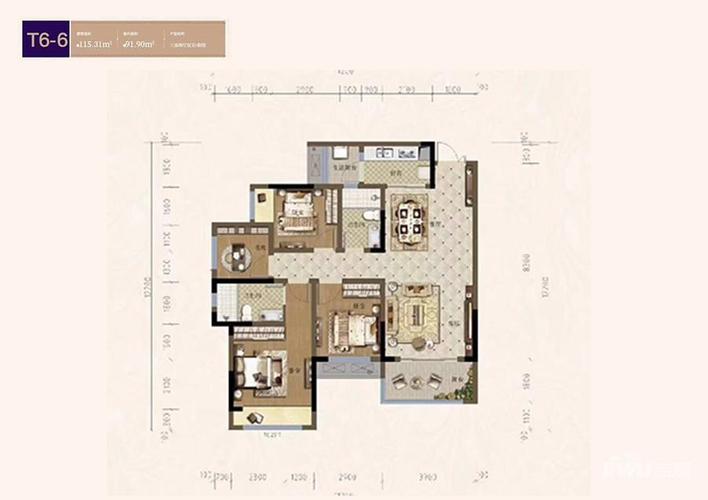 重庆中国摩金棕公馆t6-6户型图_首付金额_3室2厅2卫_.