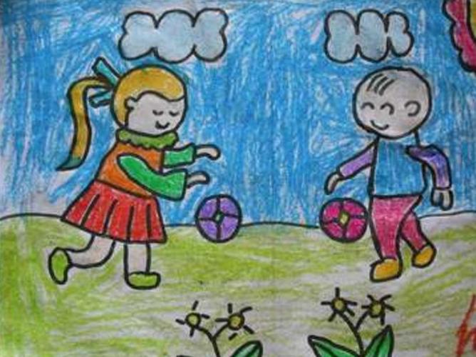 人物类蜡笔画图片-雨中快乐的小女孩