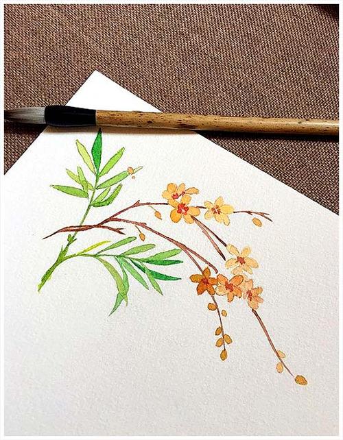 5,画上叶片,颜料自然形成水痕,颜色应该再稍微灰点.