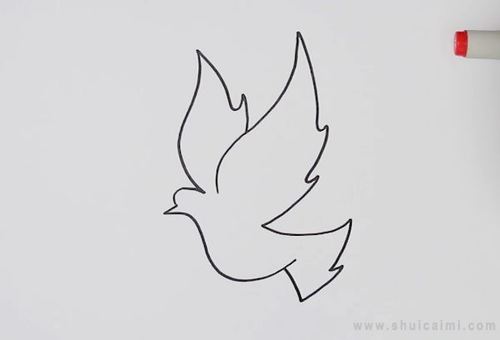 3,最后把爱心涂成红色,简单的和平鸽就画好啦.