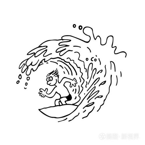 冲浪的人.概述卡通 handrawn 素描.矢量插图.完全可编辑的向量