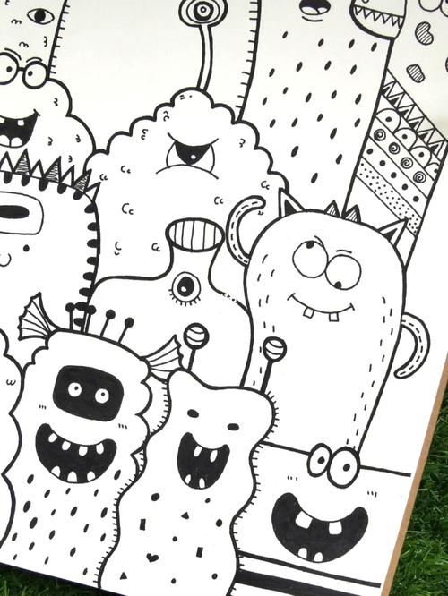 黑白线描画/小怪兽简笔画/儿童画练手_简笔画_儿童画