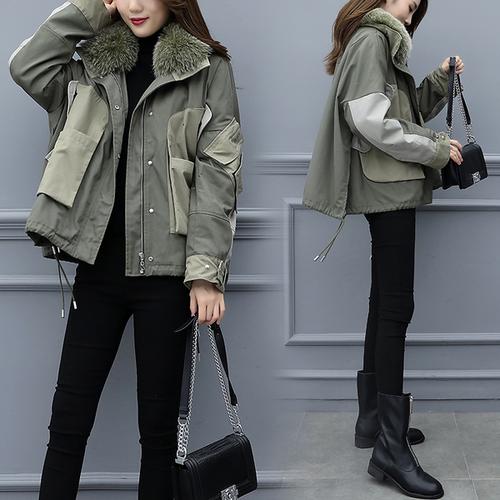 冬季新款韩版时尚宽松大毛领蝙蝠袖工装外套 2018 短款羽绒派克服女