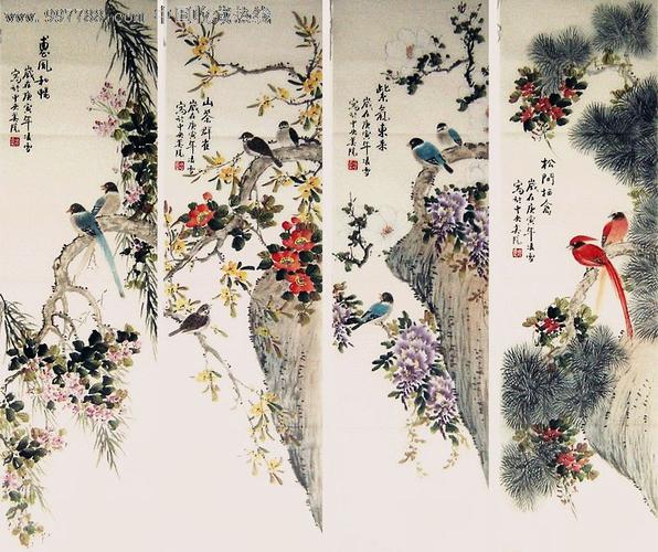 中国美协会员"凌雪"花鸟画四条屏