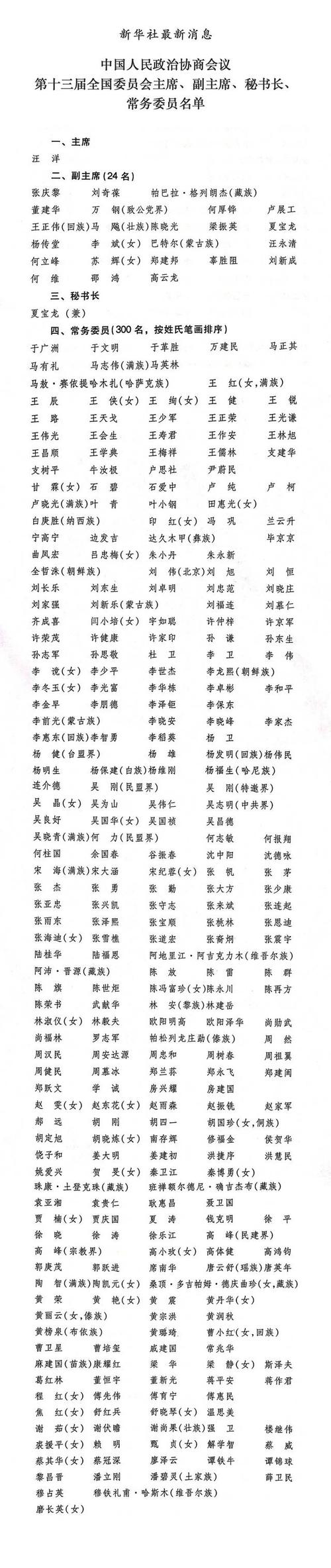 附:十三届全国政协主席,副主席,秘书长,常务委员名单