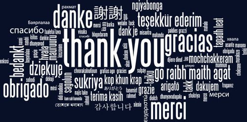 作品以白色为背景,设计了多国语言表达感谢词语,整体呈现简约风.