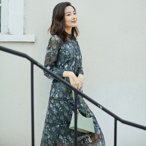 珂莱蒂尔女装2021春季新款国内代购蕾丝刺绣碎花连衣裙