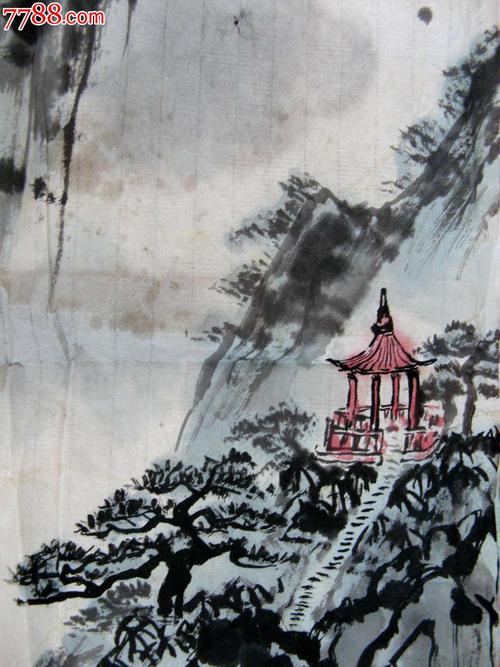 飞扬洒脱的四尺开三条幅无款山水画山亭观瀑图