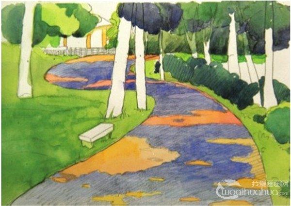 水彩s形构图示例林间小径的绘画技法(4)