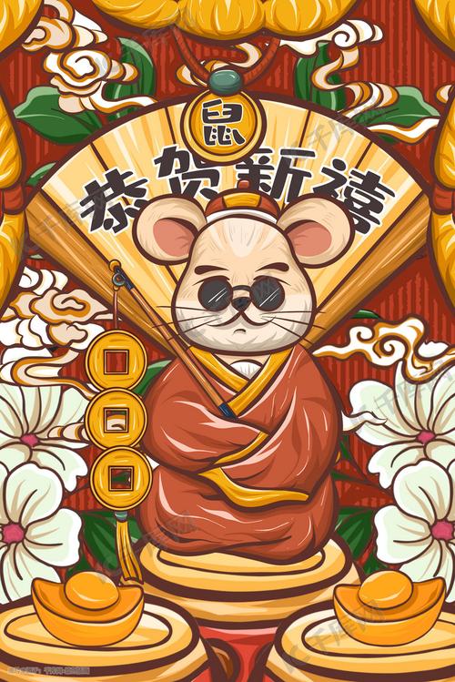 鼠年大吉恭贺新禧暴富国潮风插画
