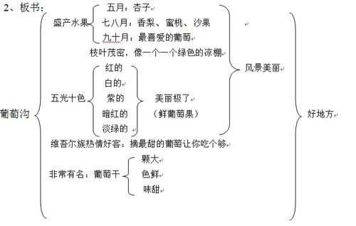 (三)总结全文,板书     1,总结:今天我们学习了葡萄沟这篇课文,因为