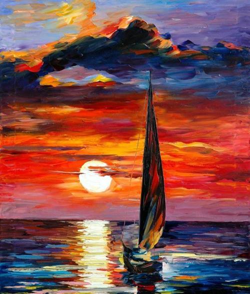 油画夕阳帆船图片