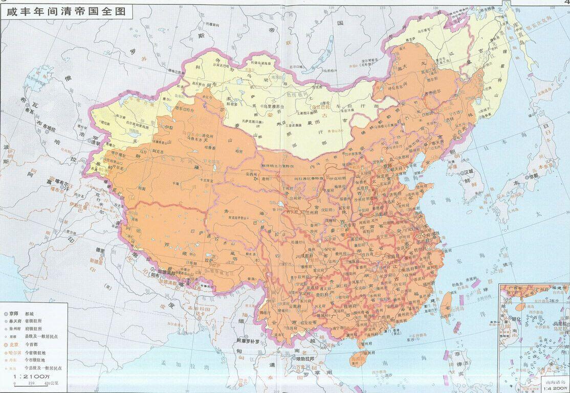 观察《清朝前期疆域图》和今天的《中国地图》,看看两者有什么区别