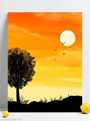 纯原创手绘卡通水彩画夕阳树木背景