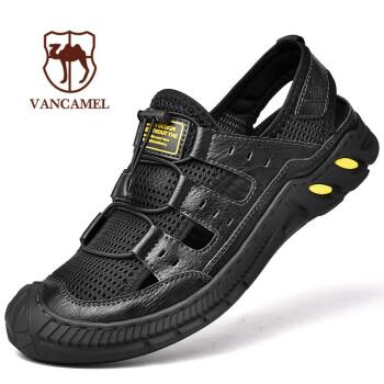 真皮沙滩鞋夏季时尚包头套脚休闲户外防滑耐磨洞洞鞋皮凉鞋子经典黑38