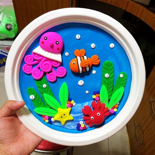 超轻黏粘土彩泥太空泥纸盘作品手工8寸10寸盘画材料包diy海洋动物