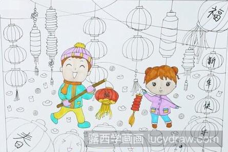 小孩提灯笼儿童画怎么画?