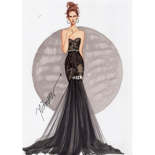 蕾丝晚礼服 手绘表现_晚礼服_蕾丝_手绘_服装设计_马克笔_文化_绘画