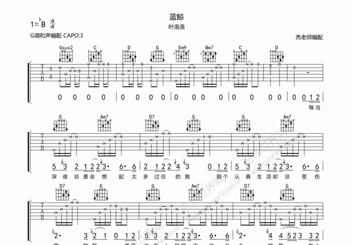 蓝鲸吉他谱_叶洛洛_g调弹唱