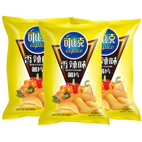 可比克薯片香辣味60gx8袋装休闲零食香脆膨化薯片食品小吃视频