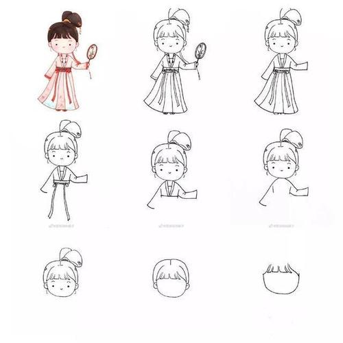 古风简笔画:穿汉服的q版人物简笔画,必备手账素材,附步骤