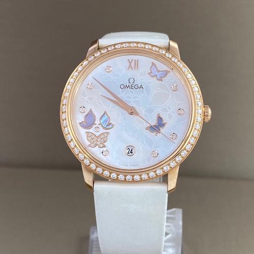 【98新】欧米茄碟飞系列18k玫瑰金原镶钻贝母表盘自动