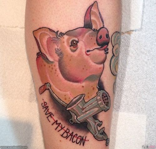 传统风格文字和猪纹身图案