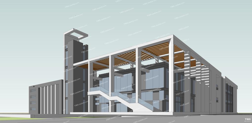 食堂外观建筑su模型id:300863451su模型-下得乐