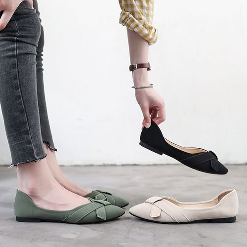 浅口平跟女鞋2020春季新款真皮时尚单鞋女尖头四季鞋水钻豆豆鞋子