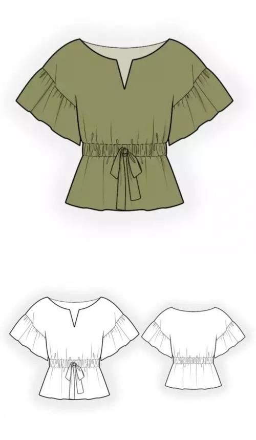 系带喇叭袖女士夏装的效果图 款式图 uv贴图服装云教育