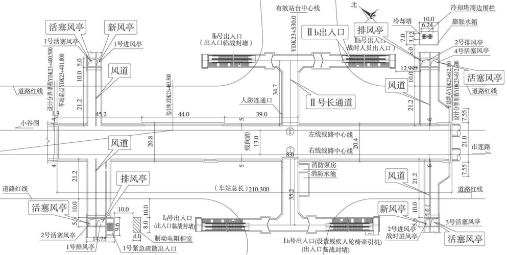 共有2组风亭,其中3号风亭为左线的活塞风井风亭和排风亭;4号风亭包括