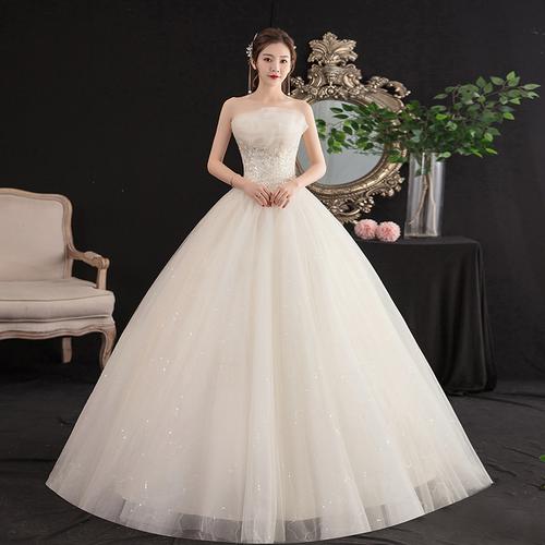 【齐地婚纱】2022新款白色抹胸新娘礼服 简约显瘦型欧美齐地婚纱