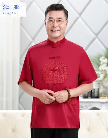 唐装男短袖套装爸爸婚礼夏装老人过寿生日寿星衣服爷爷情侣装寿星红色