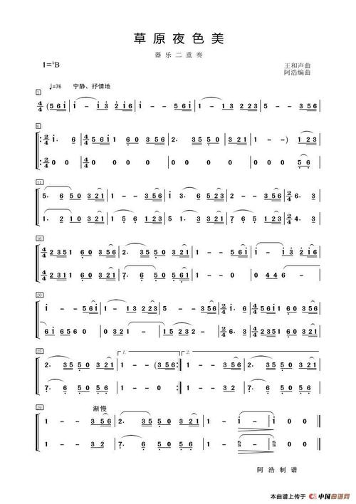 草原夜色美(器乐二重奏)_简谱
