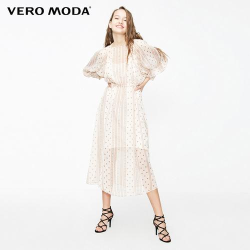 绫致veromoda新款通勤印花松紧袖丝滑里连衣裙连衣裙