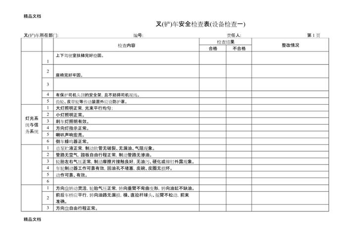 叉车安全检查表资料