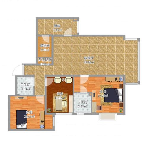 和平村3室2厅2卫1厨137.00㎡户型图