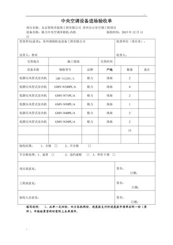 中央空调设备进场验收单
