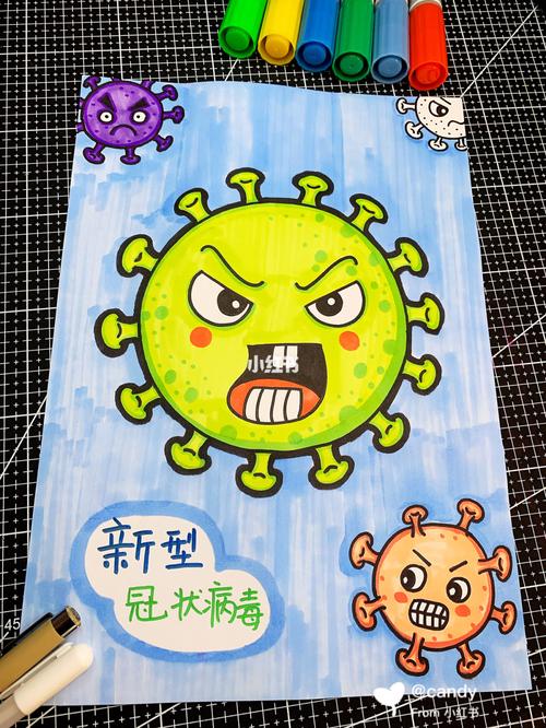 马克笔儿童画新冠病毒再也不见