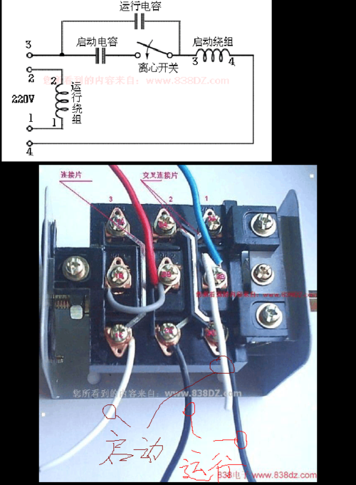 单相电机正反转接法:红,蓝接220v 黑色线(1,2)是运行绕组线圈引出线
